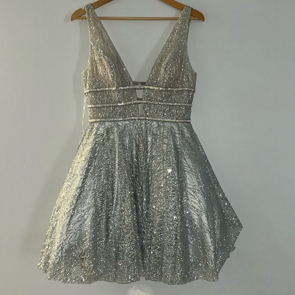Camille la vie Short Silver Homecoming Dress, Used One Time Like New, Size 8
